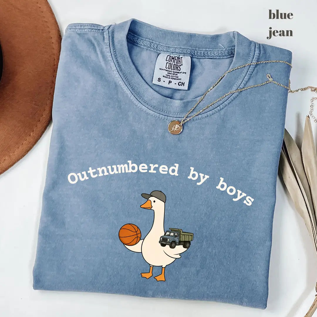 Blue Jean Comfort Colors 1717 T-shirt with Outnumbered By Boys design worn by a model