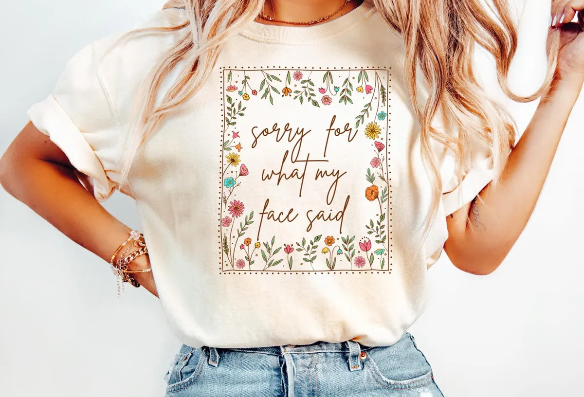 Ivory Comfort Colors 1717 T-shirt with Sorry for What My Face Said design, alternate product view.