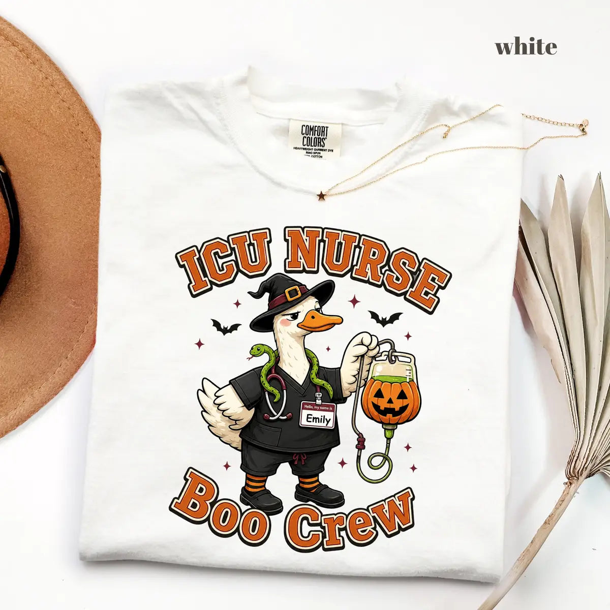 White Comfort Colors 1717 T-shirt with ICU Nurse design