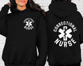 Black Crewneck sweatshirt with printed Corrections Nurse design, alternate product view.