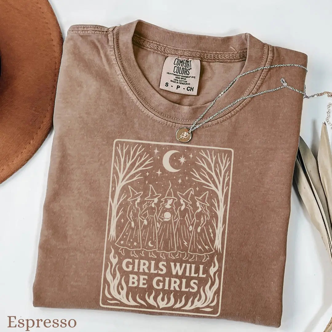 Girls Will Be Girls - Witches in Flames Comfort Colors T-Shirt alternate product view in Espresso.