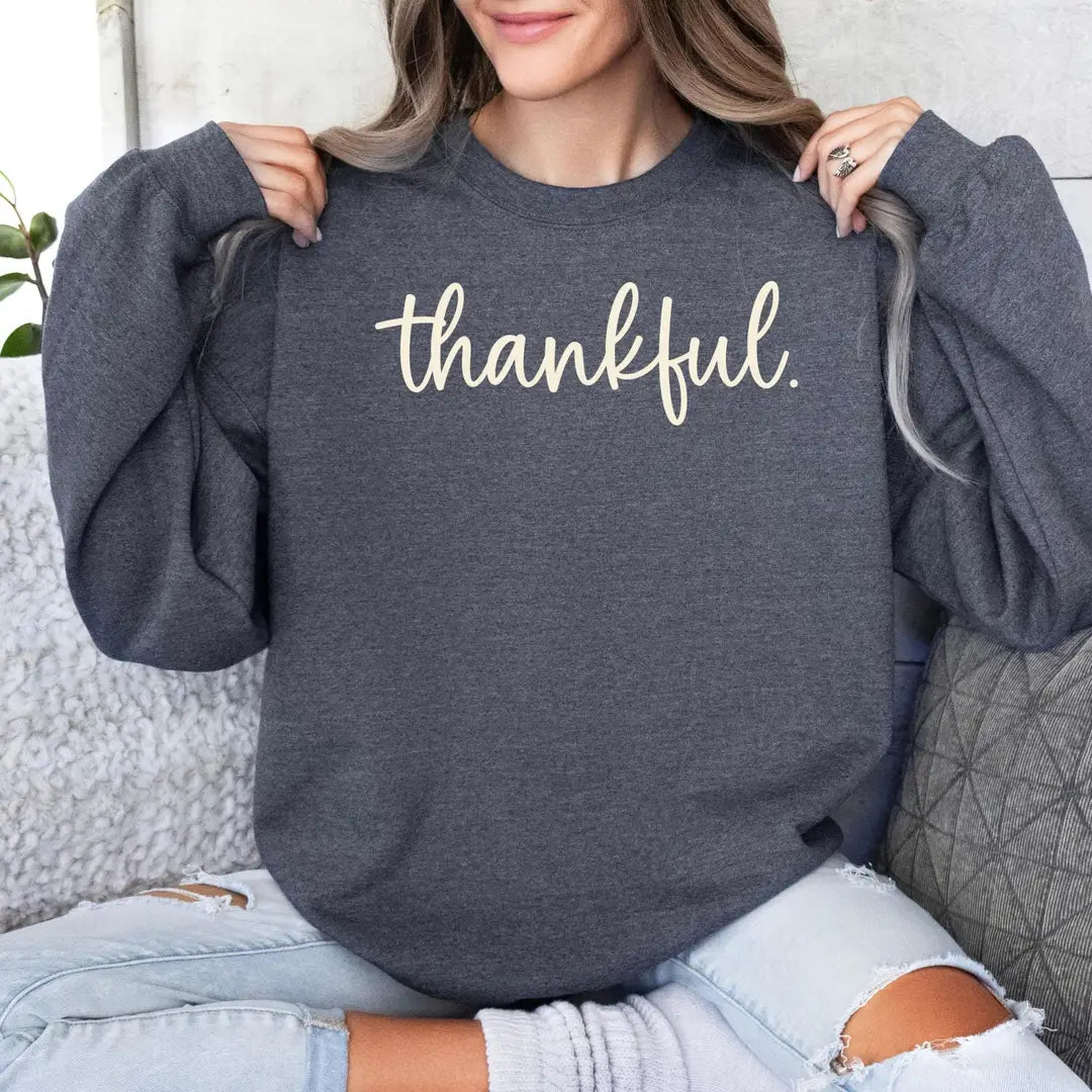 Crewneck sweatshirt with printed Thankful design, alternate product view.