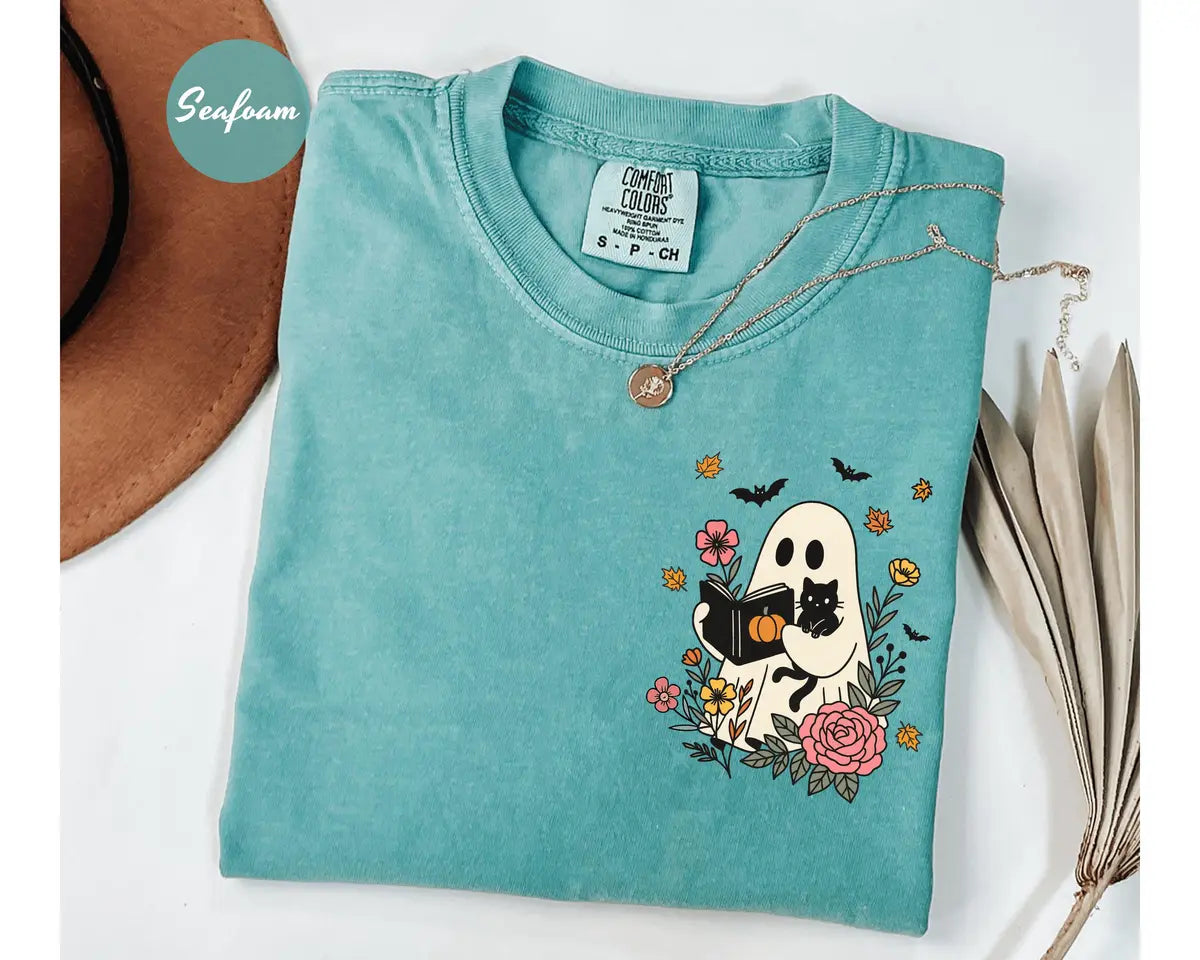 Seafoam Comfort Colors 1717 T-shirt with Floral Halloween Ghost and Black Cat design