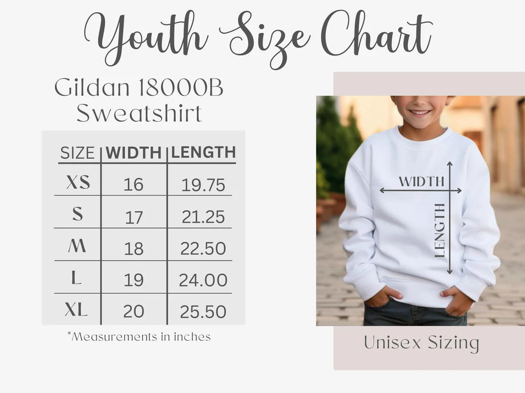 Crewneck sweatshirt size chart showing the available adult garment measurements.