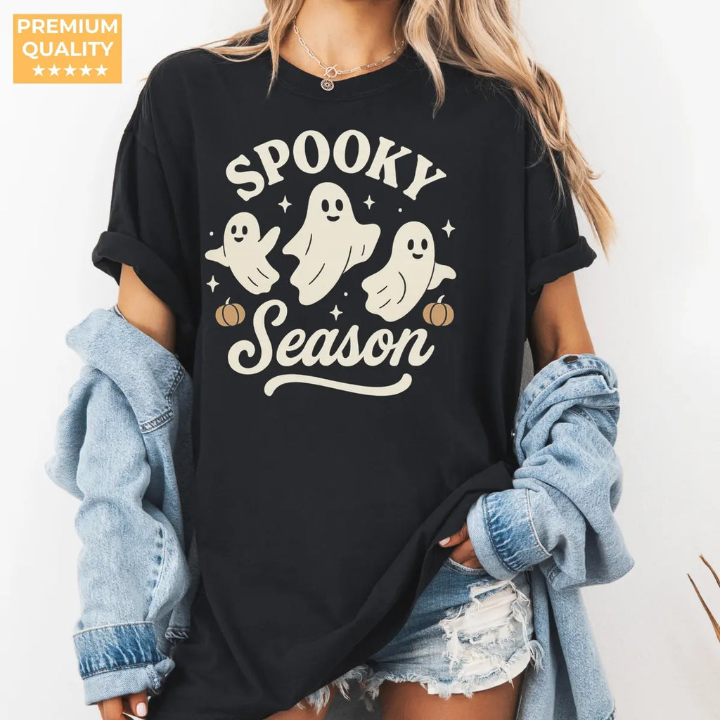 Spooky Season - Three Ghosts & Pumpkins Comfort Colors T-Shirt alternate product view in Black.