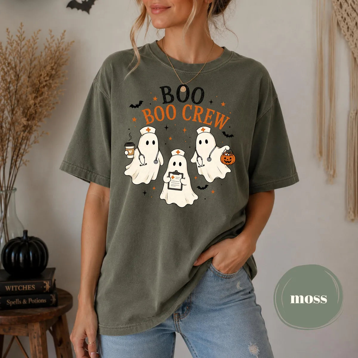Moss Comfort Colors 1717 T-shirt with Boo Boo Crew Ghost Nurse design
