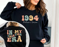 Black Crewneck sweatshirt with printed Custom In My Thirties Era design, hero view.