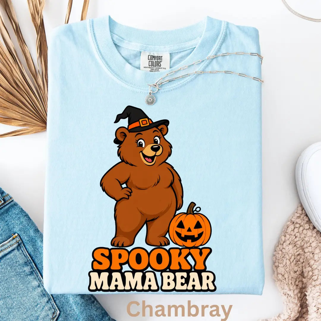 Spooky Mama Bear Halloween Comfort Colors T-Shirt alternate product view in Chambray.