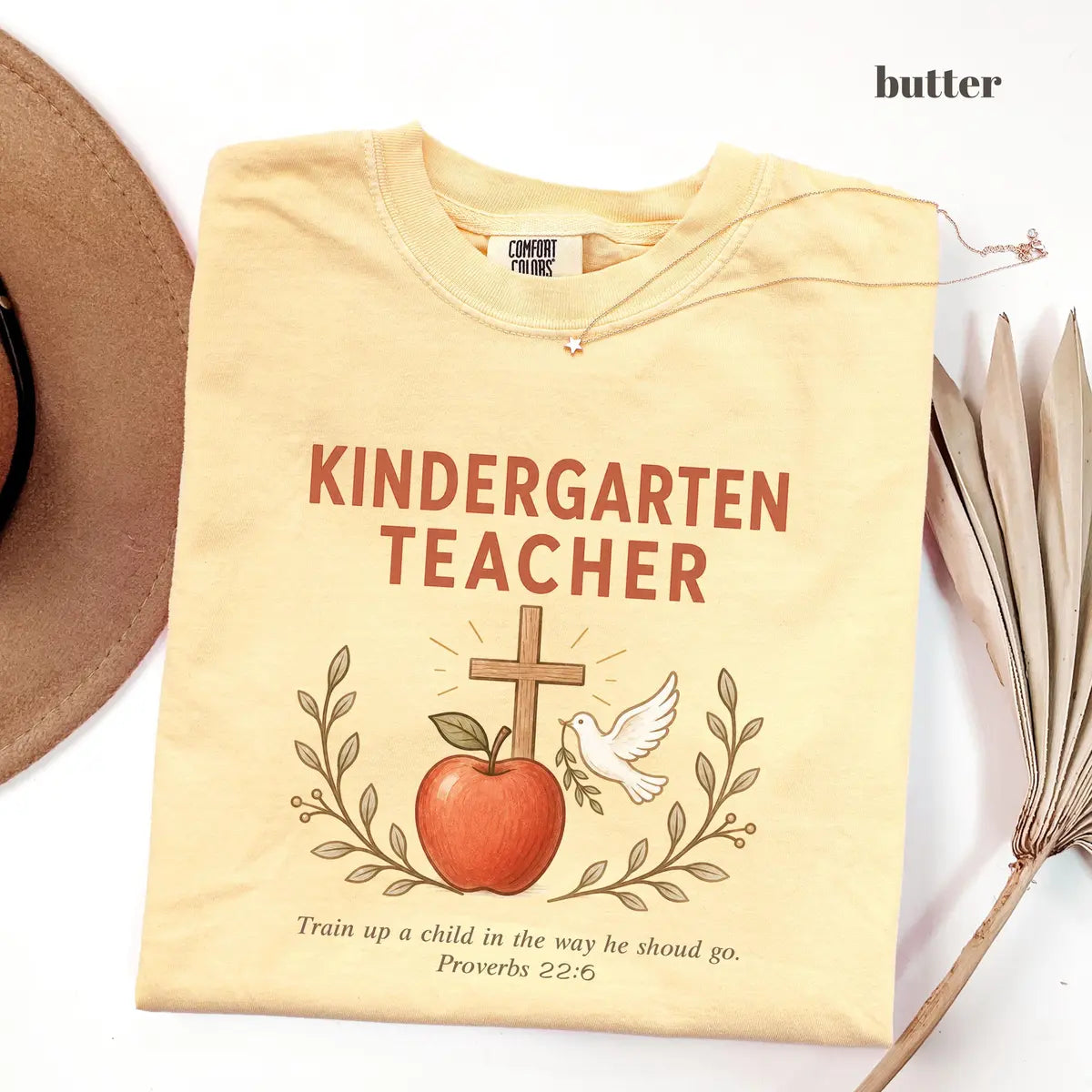 Butter Comfort Colors 1717 T-shirt with Christian Kindergarten Teacher design