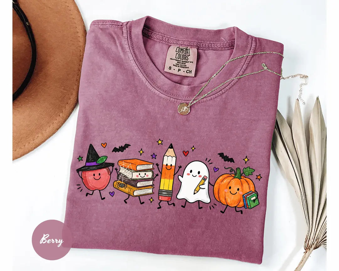 Comfort Colors 1717 T-shirt with Cute Halloween Teacher design worn by a model view 2