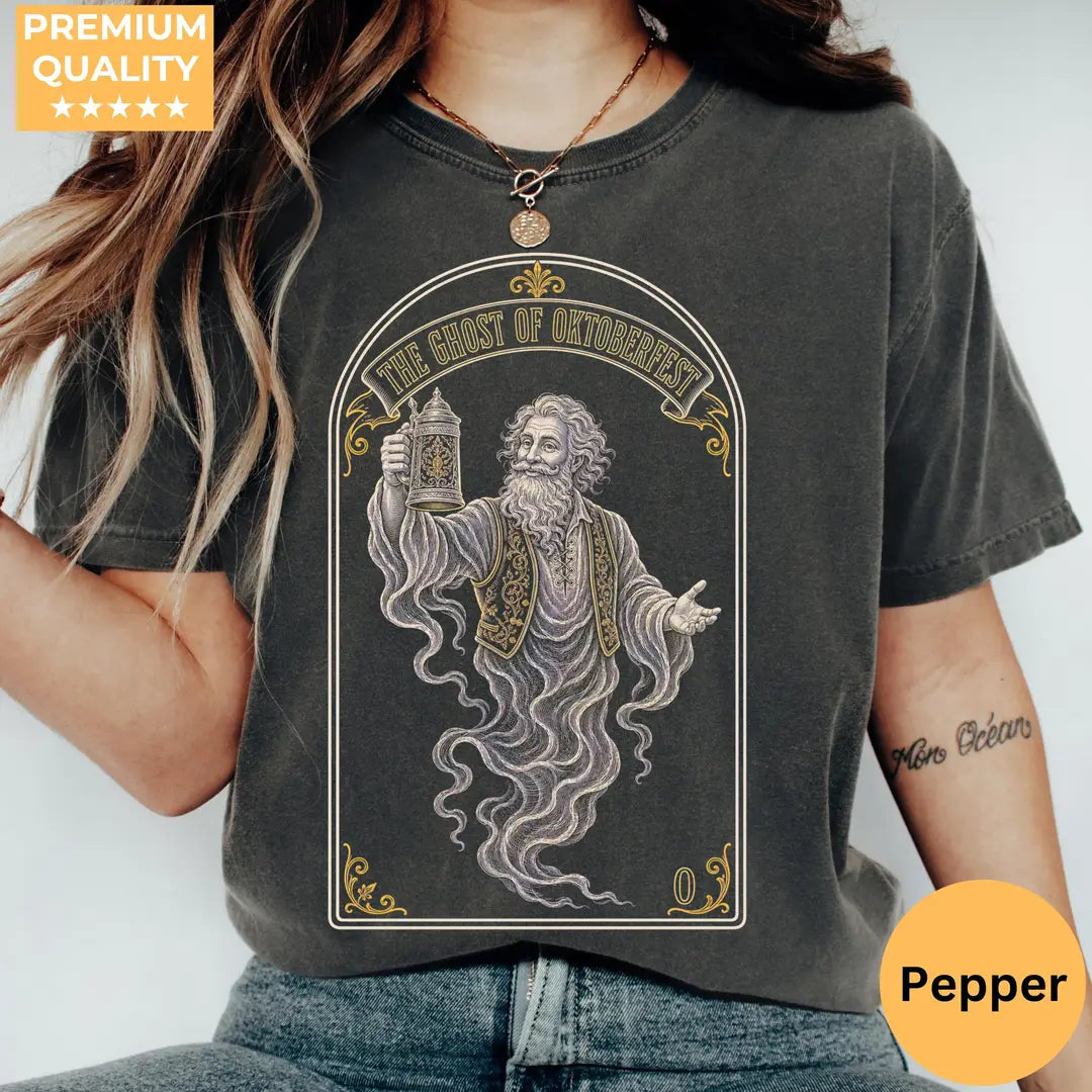 The Ghost Of Oktoberfest Comfort Colors T-Shirt hero view in Pepper.