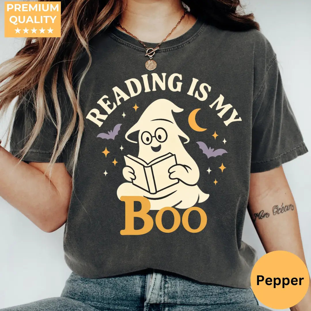 Reading Is My Boo - Ghost Book Lover Comfort Colors T-Shirt hero view in Pepper.