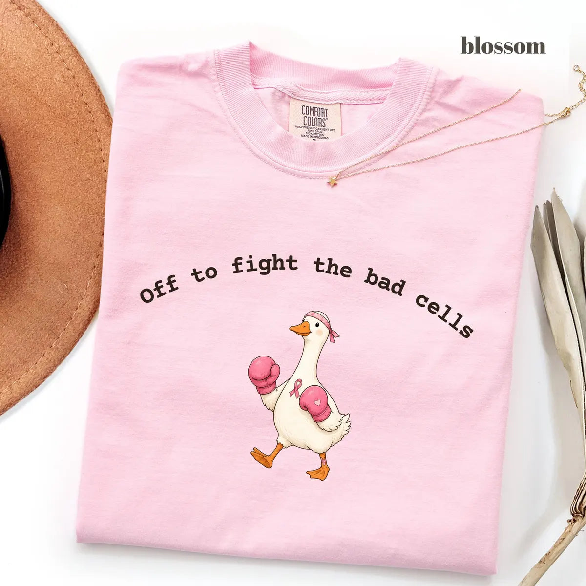 Blossom Comfort Colors 1717 T-shirt with Off To Fight The Bad Cells Goose design worn by a model
