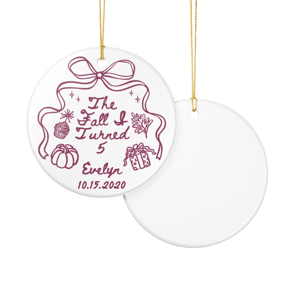 Front and back views of a Fall I Turned 5 personalized ceramic ornament.