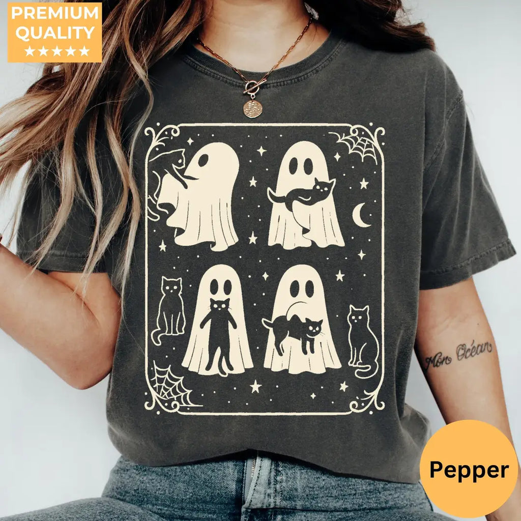 Ghosts & Black Cats - Gothic Halloween Comfort Colors T-Shirt hero view in Pepper.