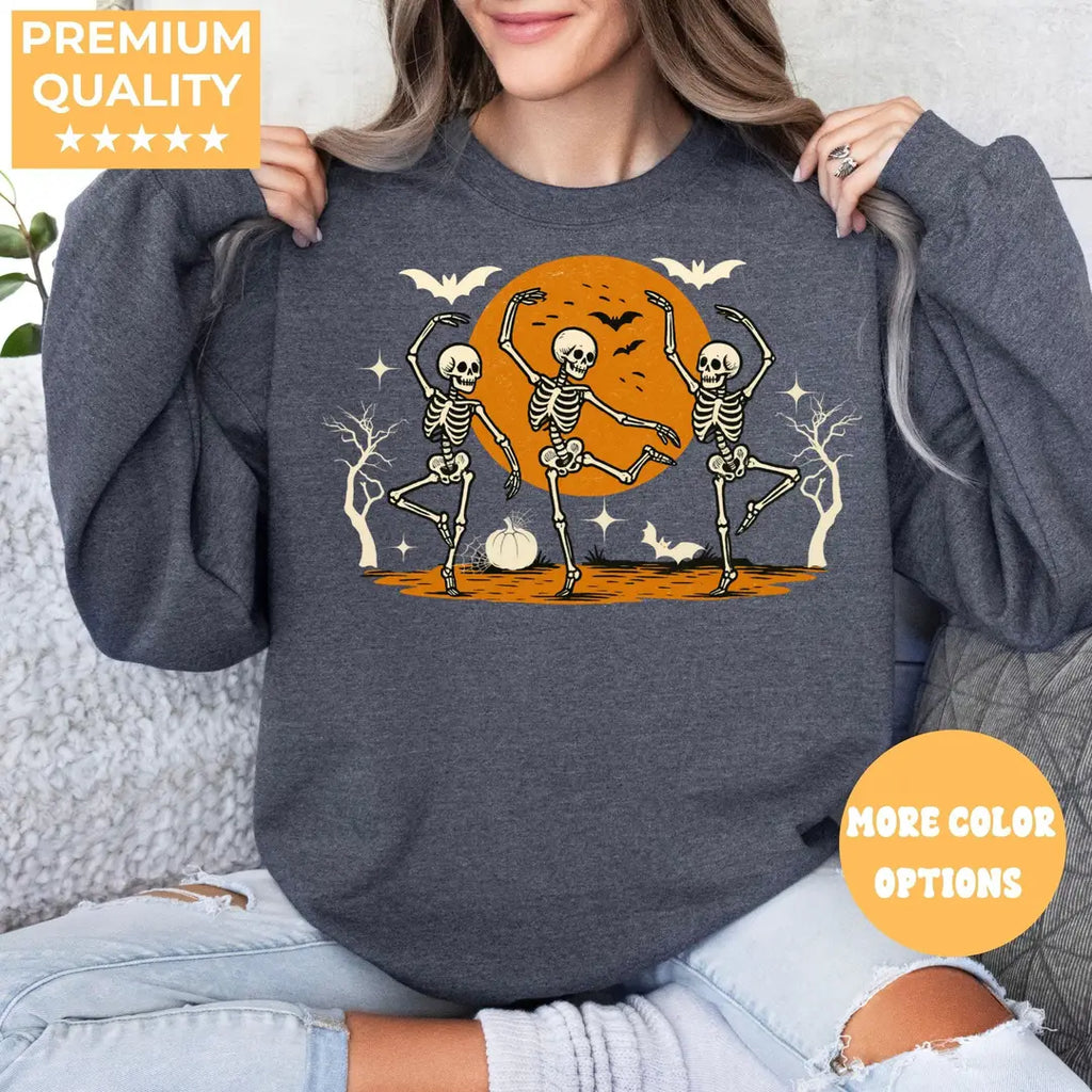 Crewneck sweatshirt with printed Dancing Skeleton Vintage Skull design, alternate product view.
