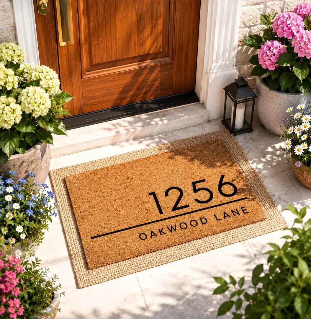 Coir doormat with a modern house number and street name at a wooden front door with hydrangeas