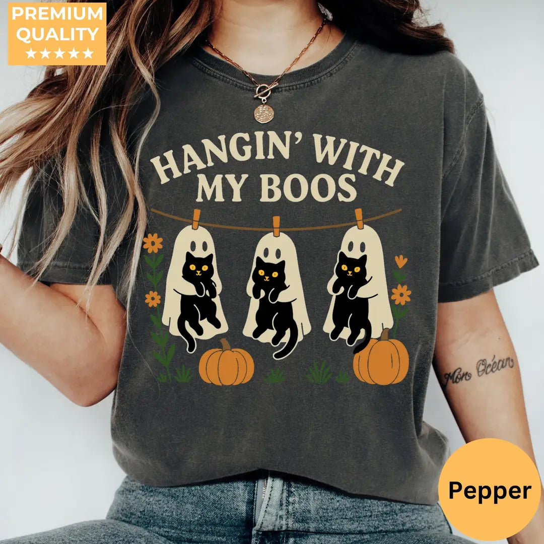 Hangin' With My Boos - Ghost Cat Halloween Comfort Colors T-Shirt hero view in Pepper.