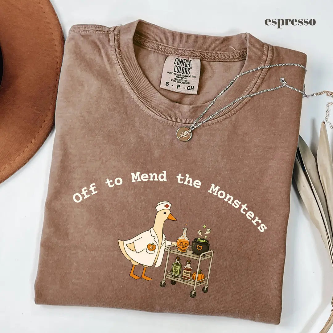 Espresso Comfort Colors 1717 T-shirt with Off to Mend the Monsters design