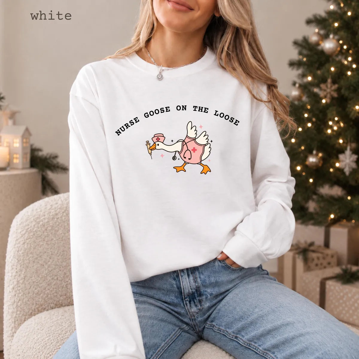 White Comfort Colors 1717 T-shirt with Nurse Goose on the Loose design