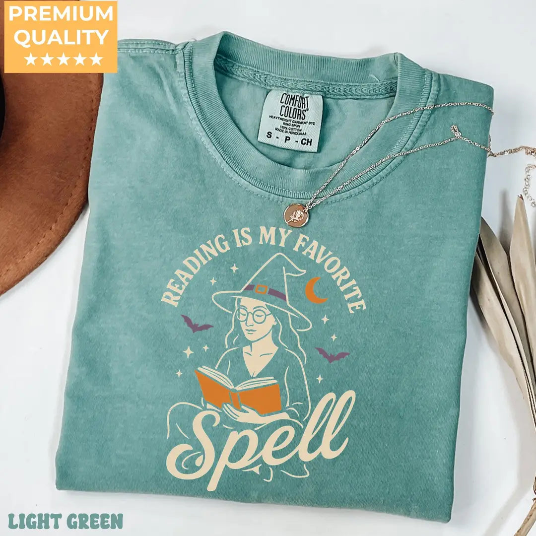 Reading Is My Favorite Spell - Witch Book Lover Comfort Colors T-Shirt alternate product view in Light Green.