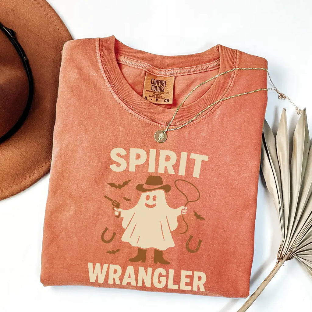 Ghost Wrangler & Spirit Wrangler - Matching Halloween Comfort Colors T-Shirt alternate product view in Yam.