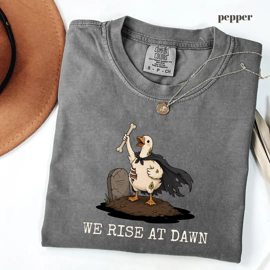 Pepper Comfort Colors 1717 T-shirt with We Rise at Dawn Halloween design