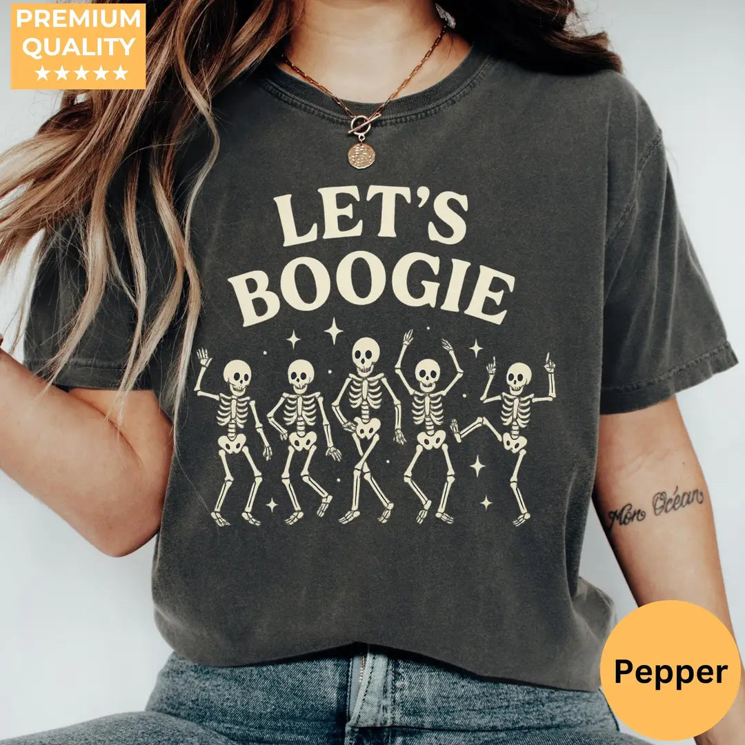 Let's Boogie Skeletons - Retro Halloween Comfort Colors T-Shirt hero view in Pepper.
