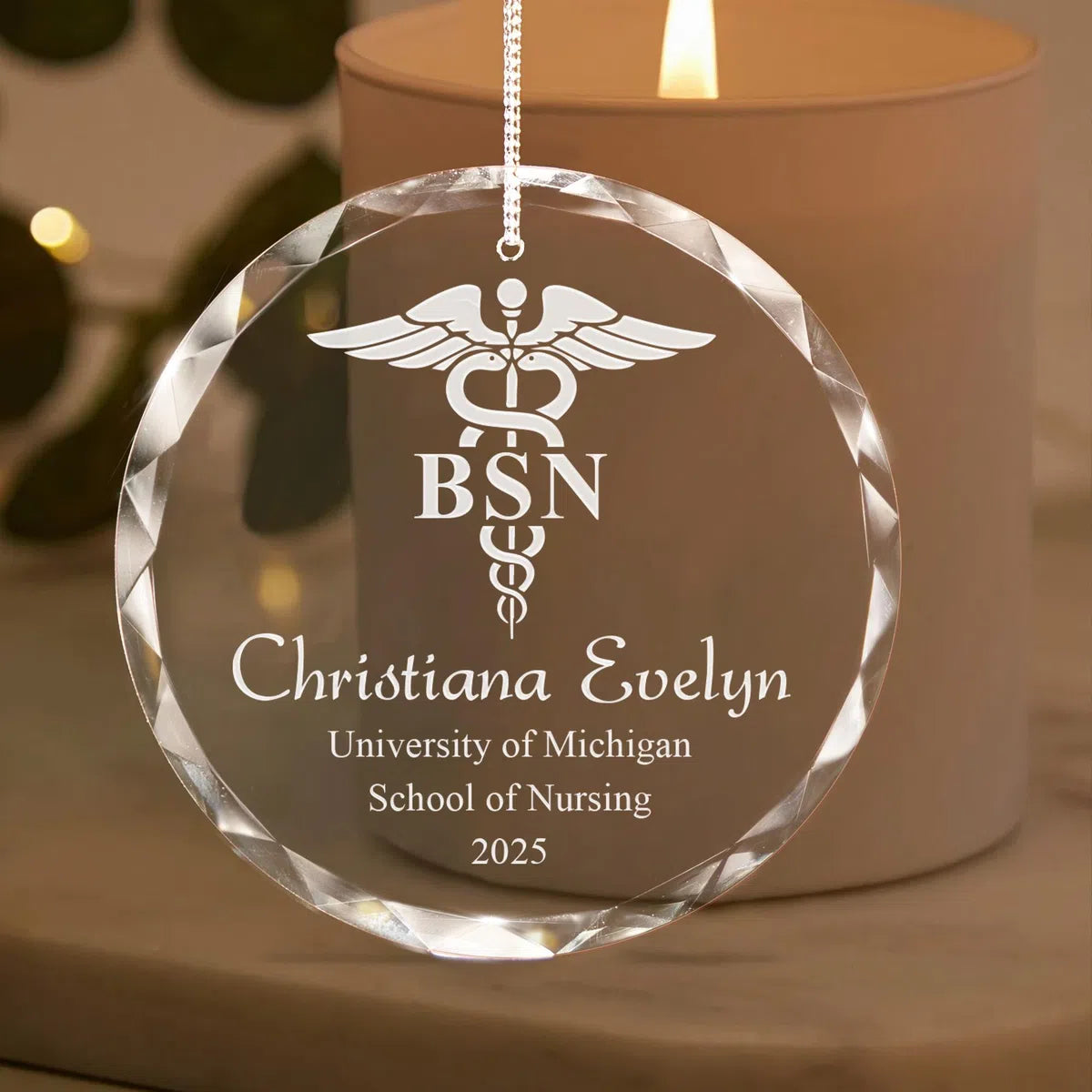 Additional view of a Nursing Graduation personalized engraved engraved crystal glass ornament.