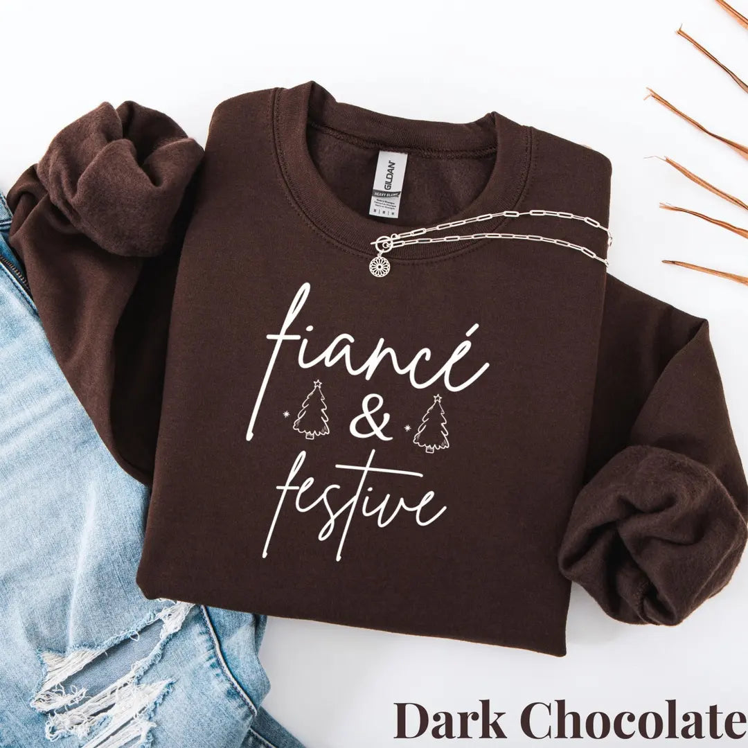 Crewneck sweatshirt with embroidered Fiancé Christmas design, alternate product view.