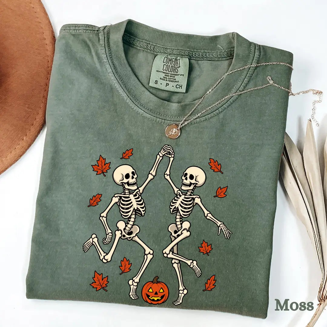 Dancing Skeleton Couple Comfort Colors T-Shirt alternate product view in Moss.