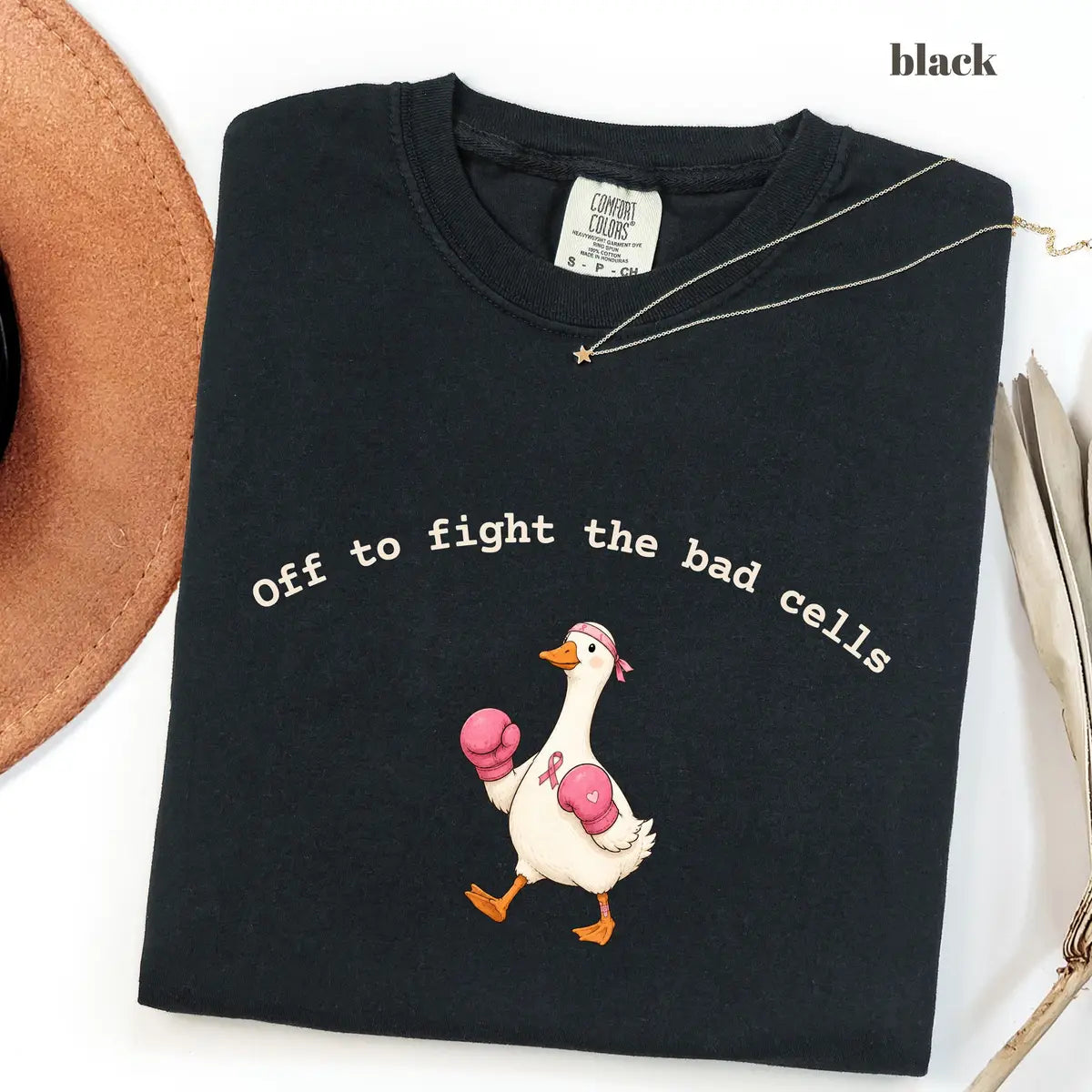 Black CF Comfort Colors 1717 T-shirt with Off To Fight The Bad Cells Goose design worn by a model