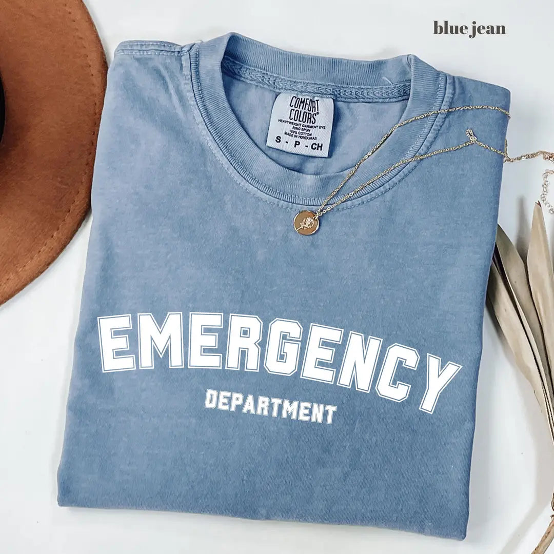 Blue Jean Comfort Colors 1717 T-shirt with Emergency Department design