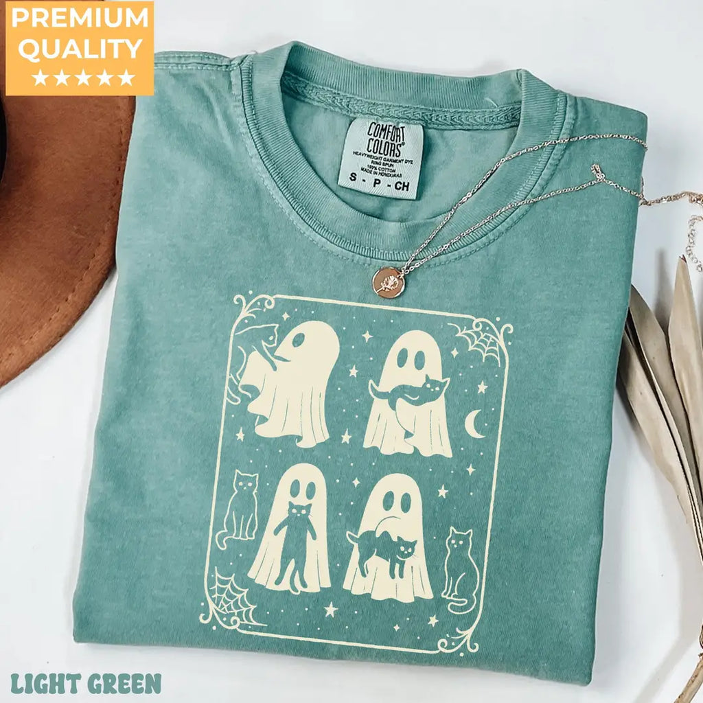 Ghosts & Black Cats - Gothic Halloween Comfort Colors T-Shirt alternate product view in Light Green.