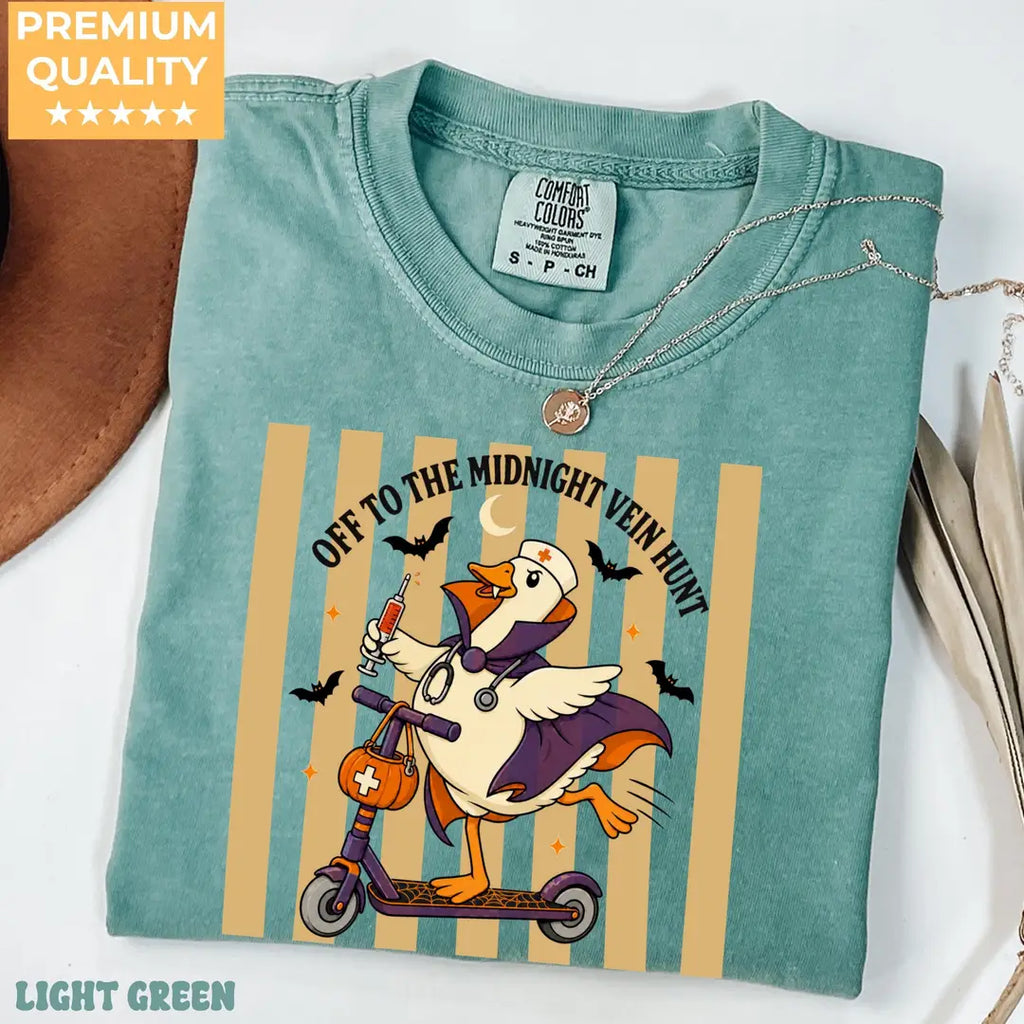 Off to the Midnight Vein Hunt - Nurse Goose Halloween Comfort Colors T-Shirt alternate product view.