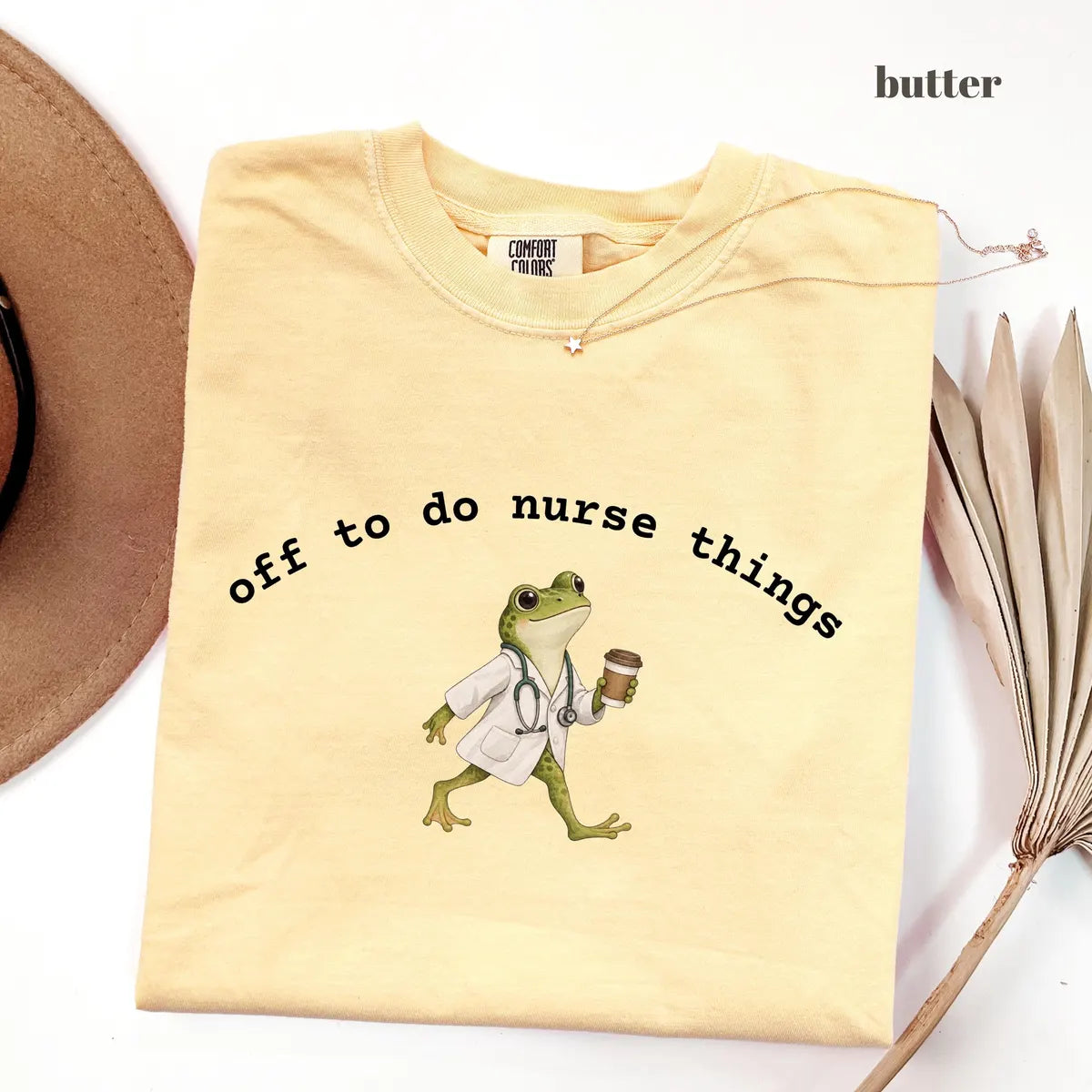 Butter Comfort Colors 1717 T-shirt with Off to Do Nurse Things design worn by a model