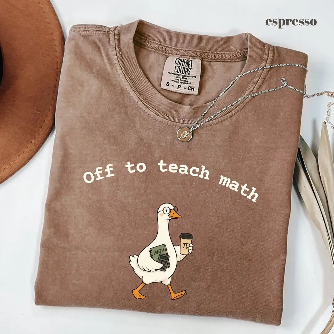 Espresso Comfort Colors 1717 T-shirt with Off to Teach Math design worn by a model