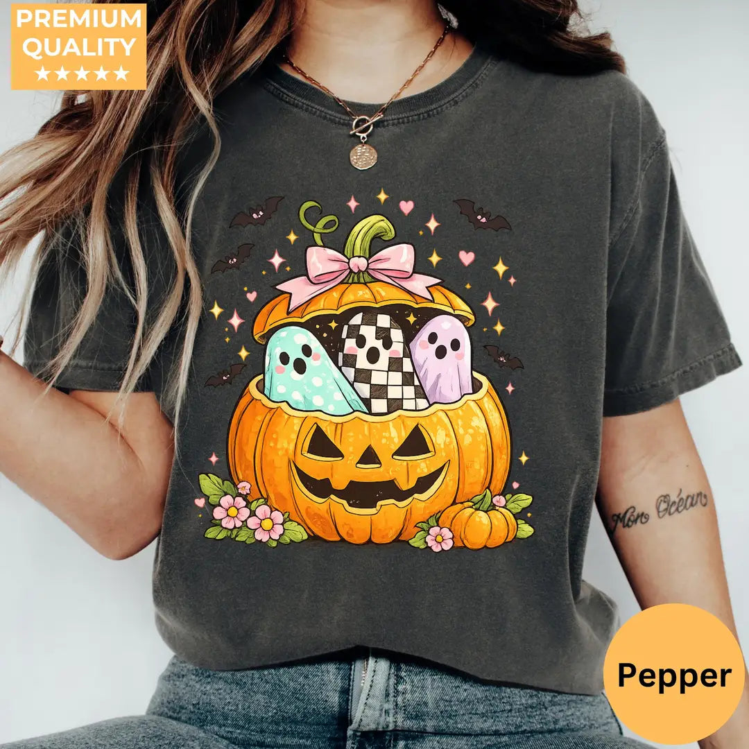 Preppy Pumpkin Ghost Comfort Colors T-Shirt hero view in Pepper.