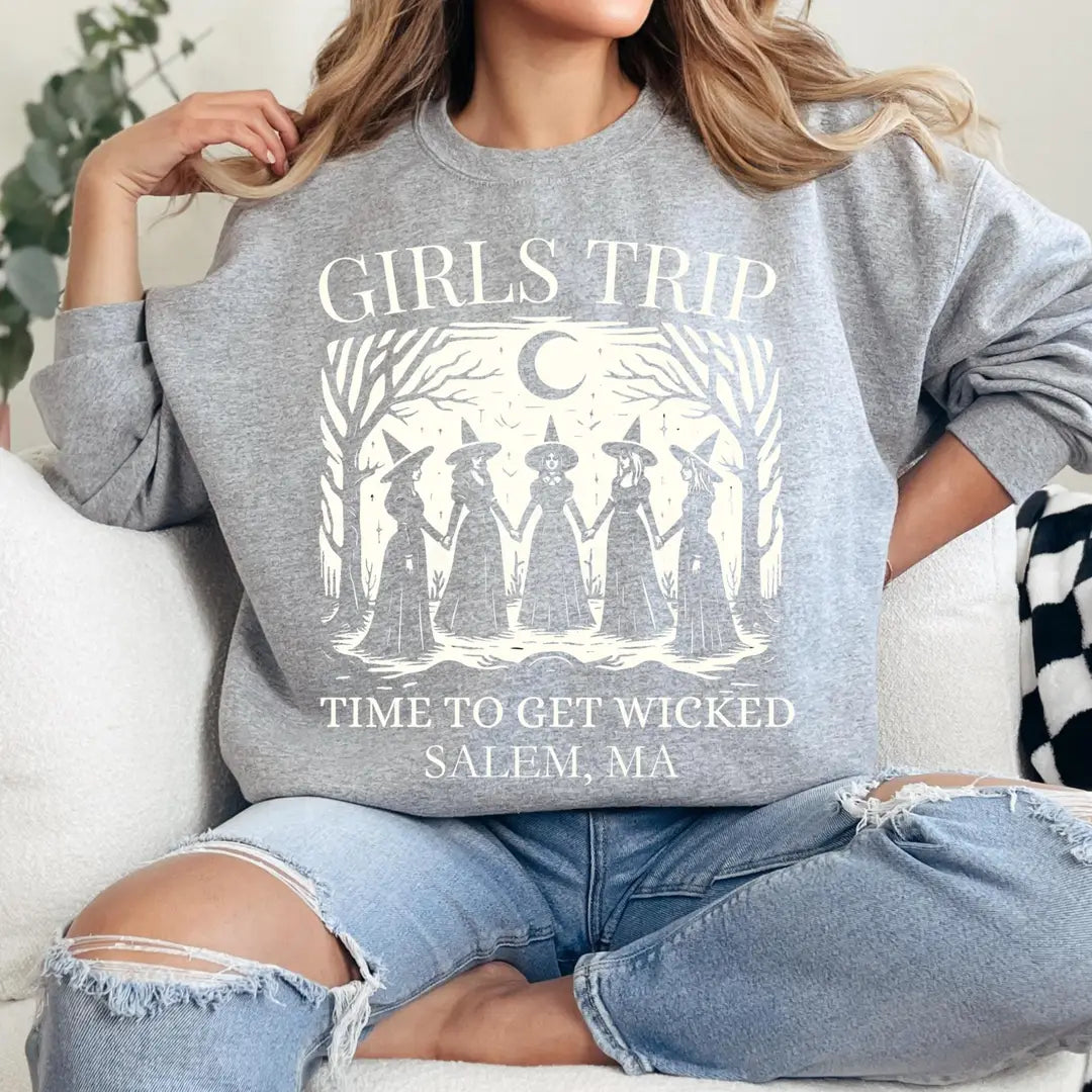 Sport Grey Crewneck sweatshirt with Salem Girls Trip design, alternate product view.
