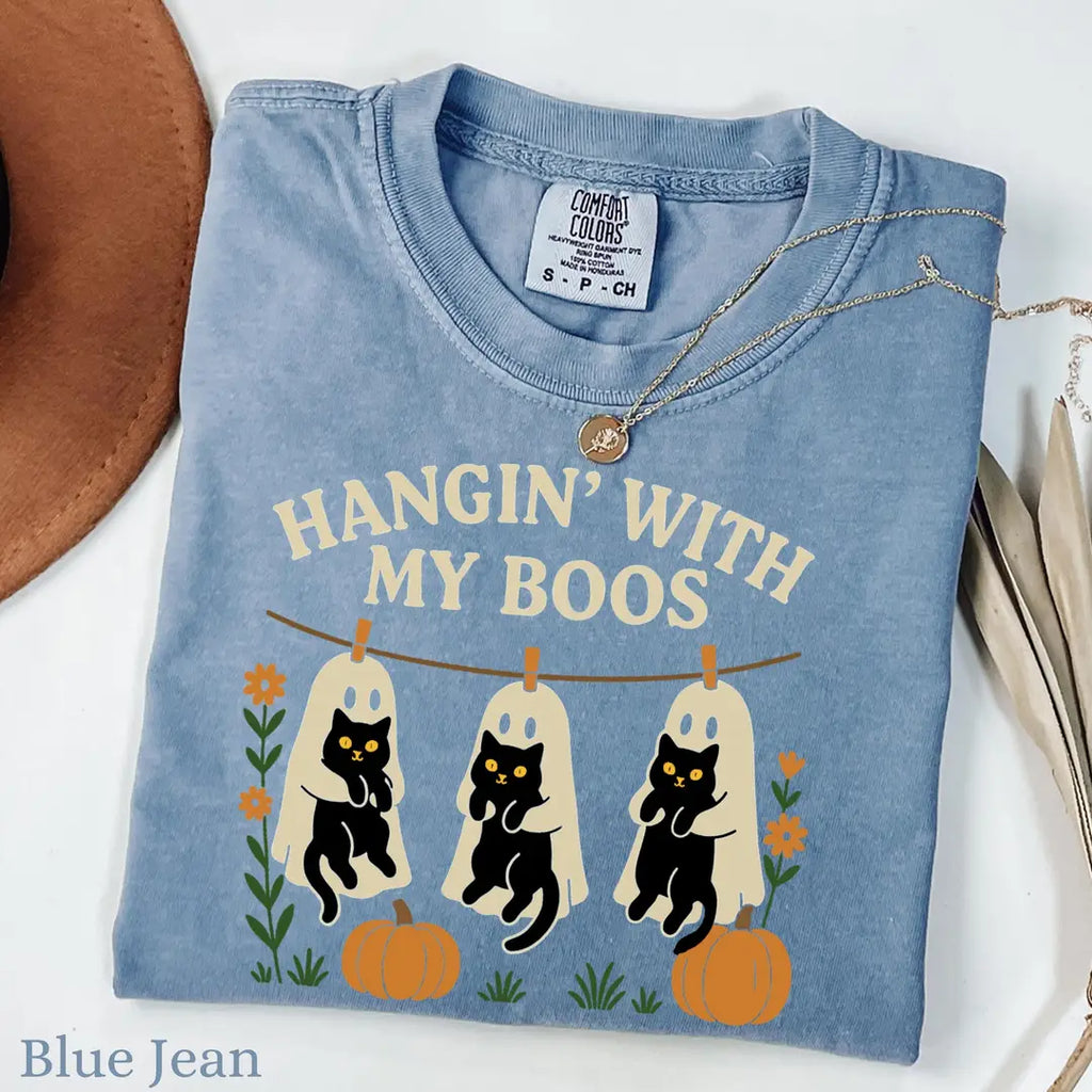 Hangin' With My Boos - Ghost Cat Halloween Comfort Colors T-Shirt alternate product view in Blue Jean.
