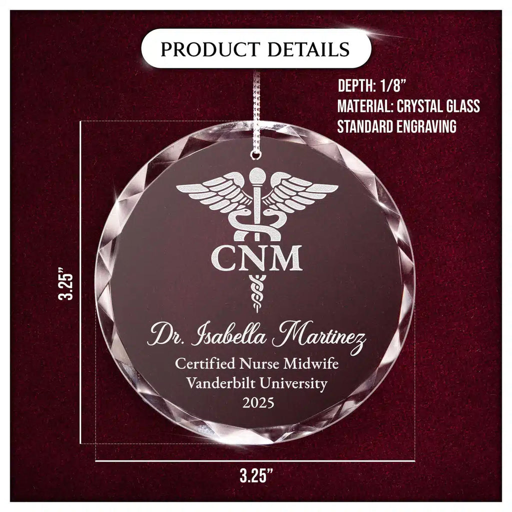 Product details card for a personalized engraved engraved crystal glass ornament, showing crystal glass construction, engraving, and a 3.25-inch size.