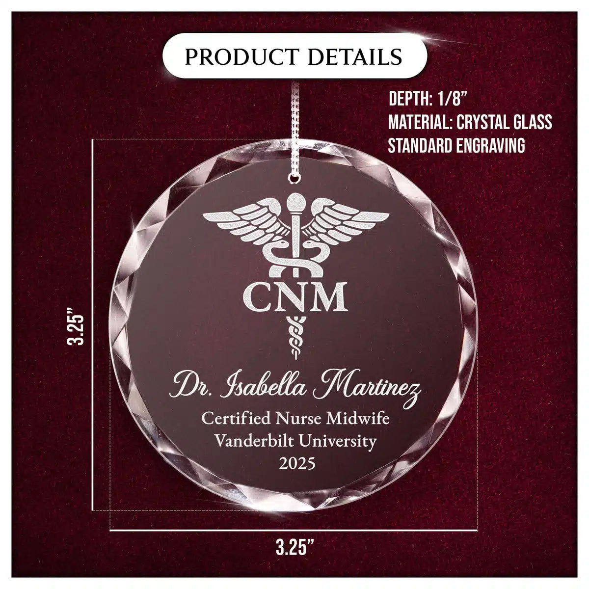 Product details card for a personalized engraved engraved crystal glass ornament, showing crystal glass construction, engraving, and a 3.25-inch size.