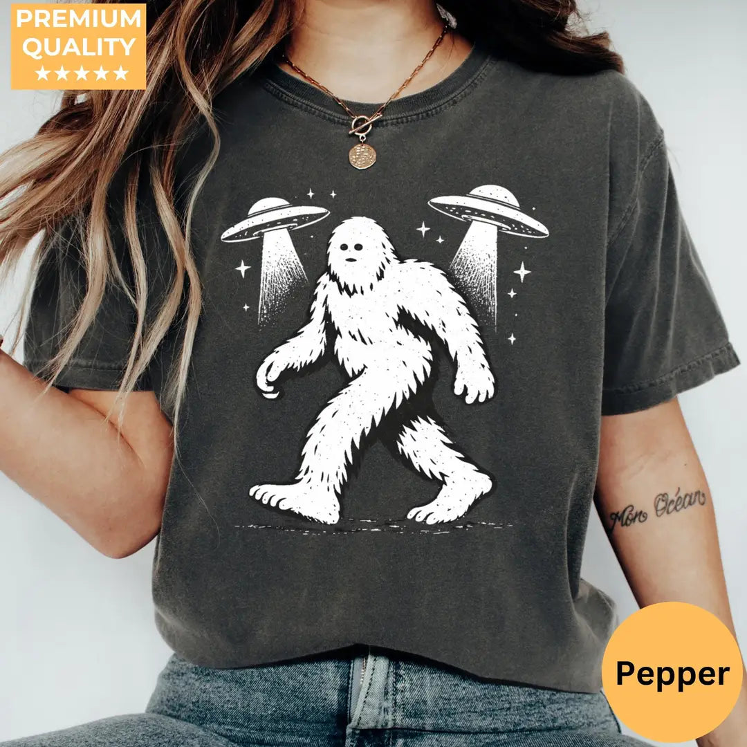 Espresso Crewneck sweatshirt with printed Bigfoot UFO design, alternate product view.