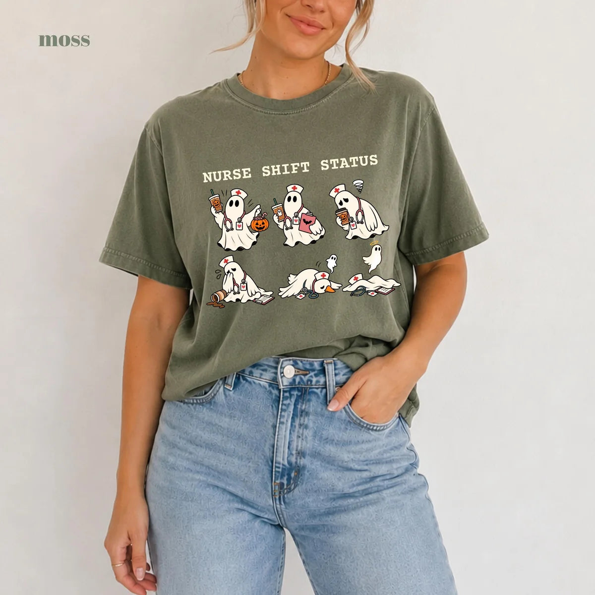 Moss Comfort Colors 1717 T-shirt with Ghost Nurse Halloween design