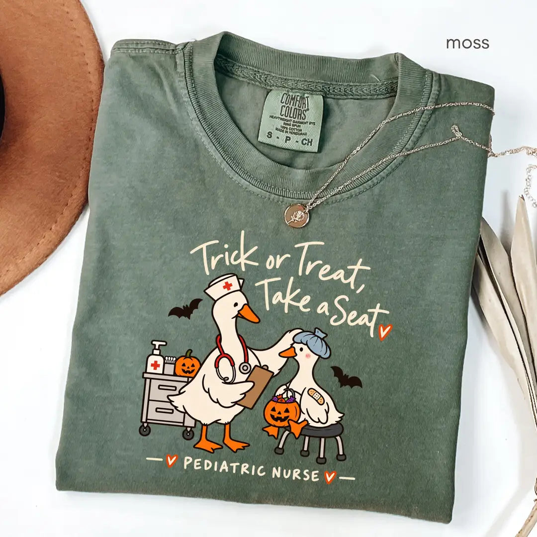 Moss Comfort Colors 1717 T-shirt with Pediatric Nurse Halloween design