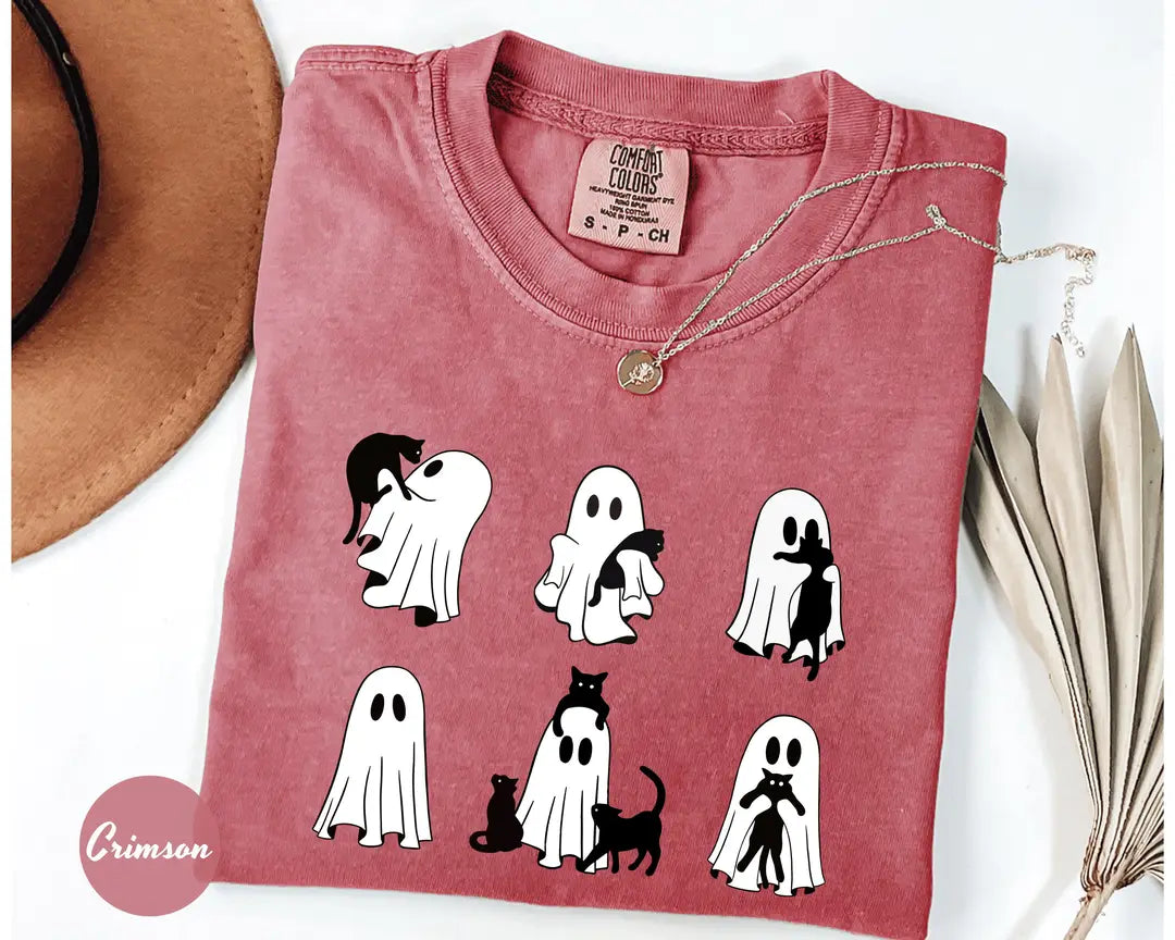 Crimson Comfort Colors 1717 T-shirt with Black Cat Ghost design