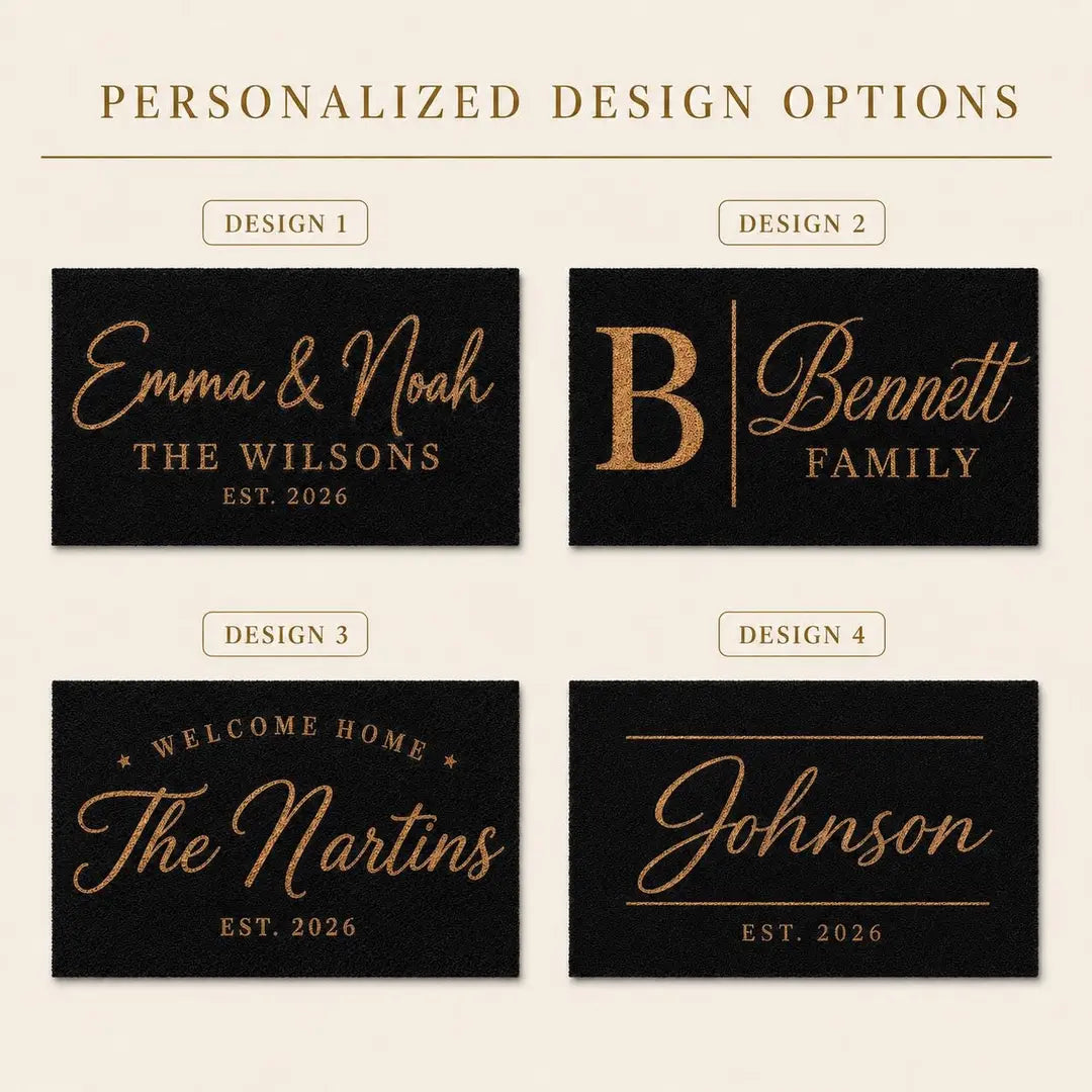 Personalized design options card showing four black faux coir doormat layouts with gold-tone lettering