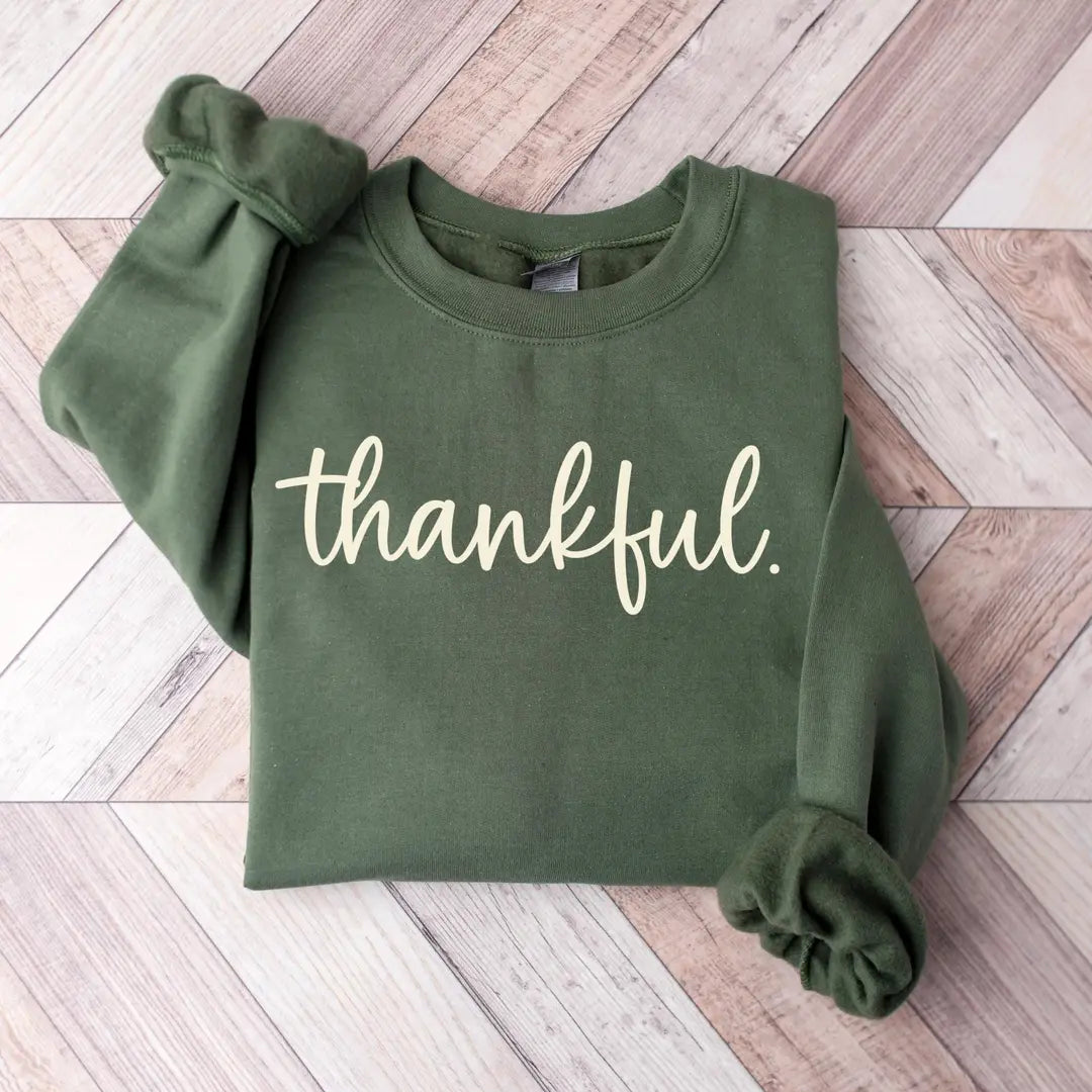 Crewneck sweatshirt with printed Thankful design, alternate product view.