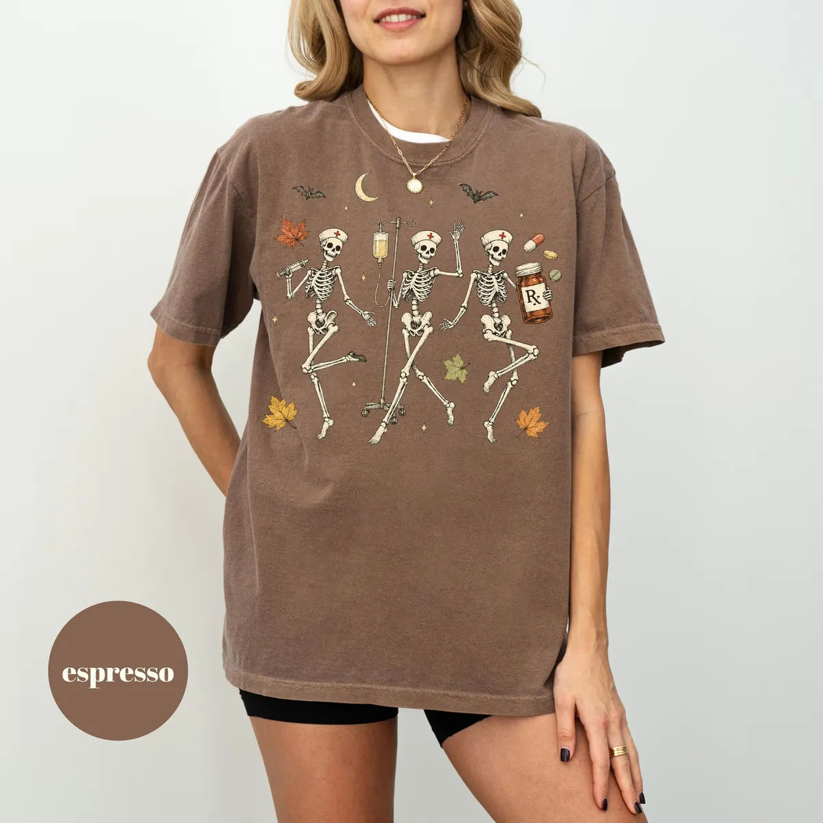 Espresso Comfort Colors 1717 T-shirt with Halloween Nurse Skeleton design worn by a model