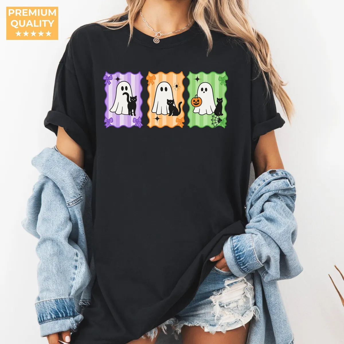 Colorful Ghost & Black Cat Panels - Halloween Comfort Colors T-Shirt alternate product view.